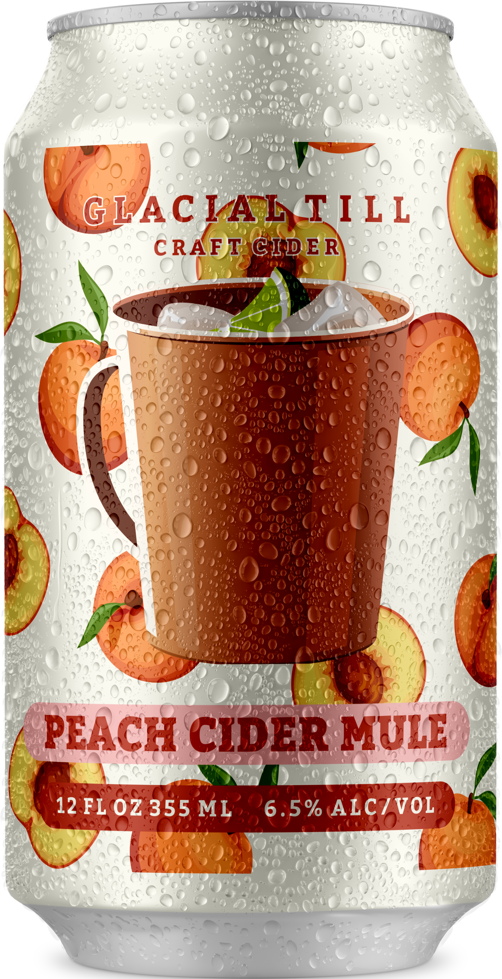 Glacial Till Peach Cider Mule cider can with water drops