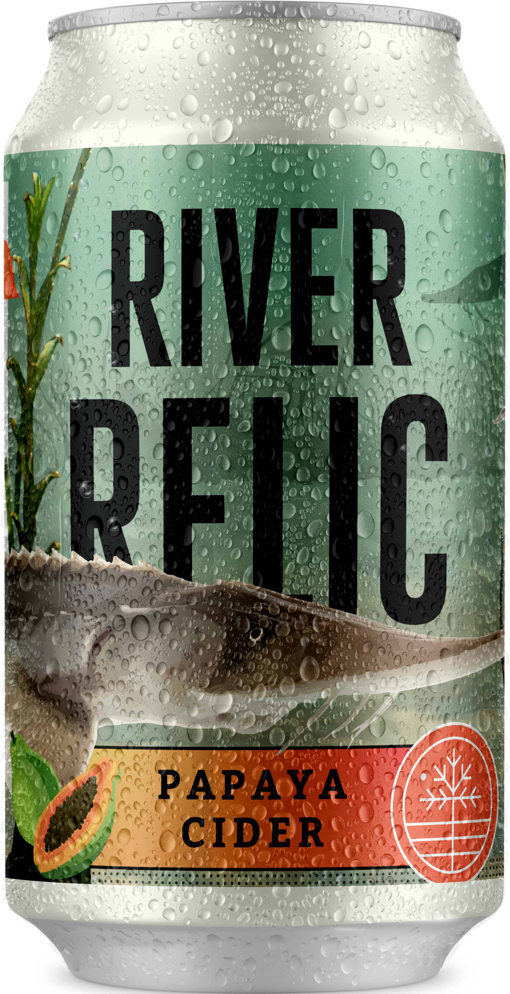 Glacial Till River Relic Papaya cider can with water drops